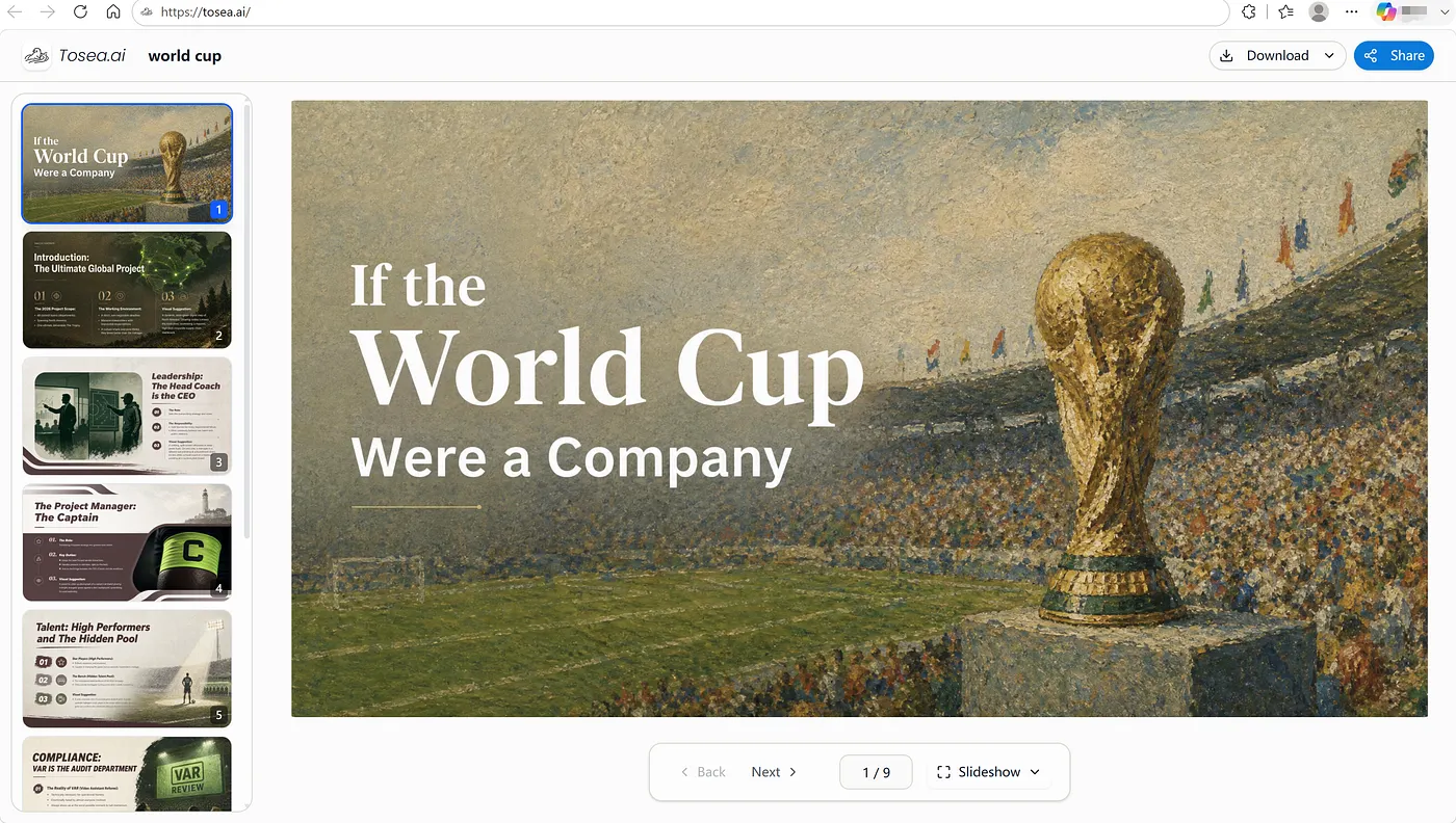 Tosea.ai workspace showing a finished, designer-grade slide — a "If the World Cup Were a Company" cover with a full-bleed stadium image and layered title typography