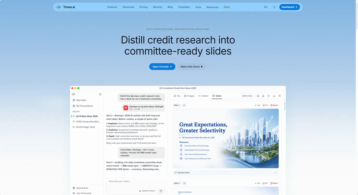 Tosea.ai landing workspace — "Distill credit research into committee-ready slides," showing a chat panel beside live slide previews