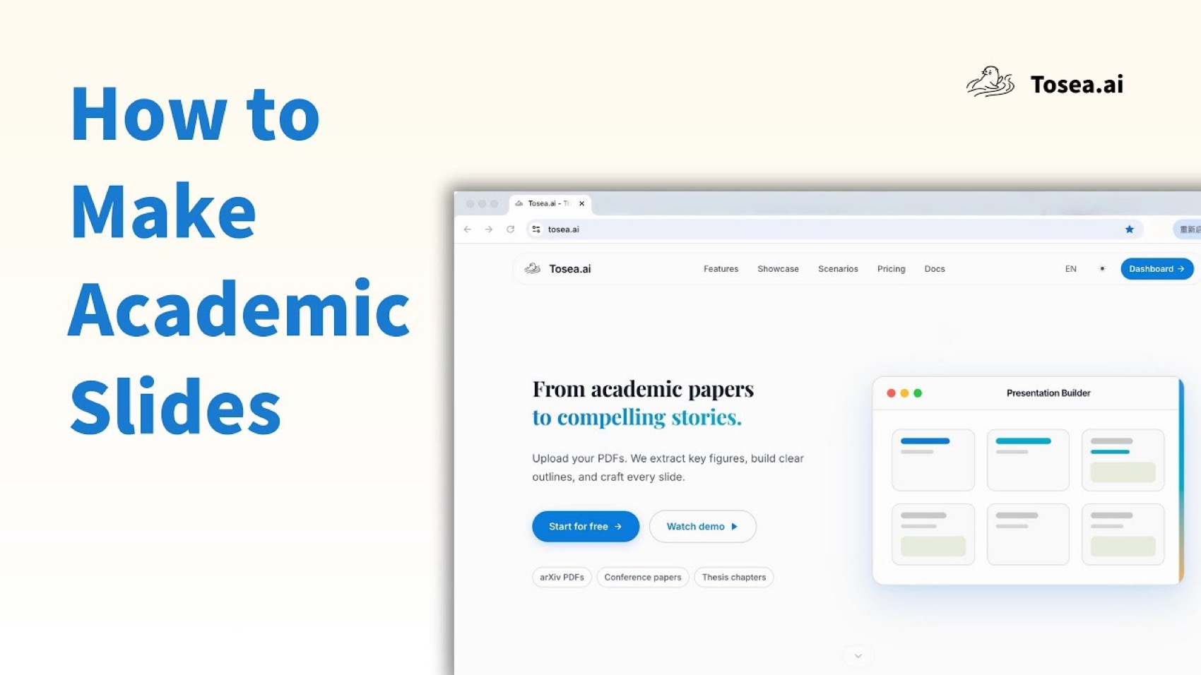 Tosea AI landing page with the tagline "From academic papers to compelling stories" and a preview of the presentation builder