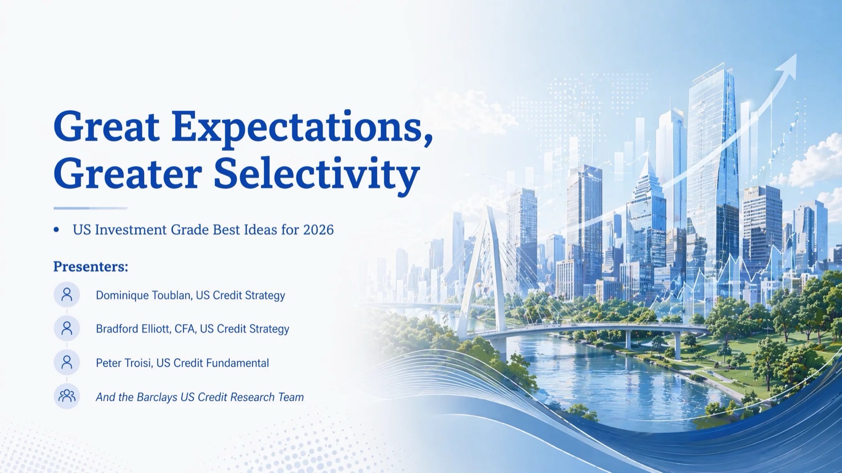 A finance-style cover slide generated by Tosea AI, with a serif headline, presenter list, and a cityscape illustration blended into the right half of the page