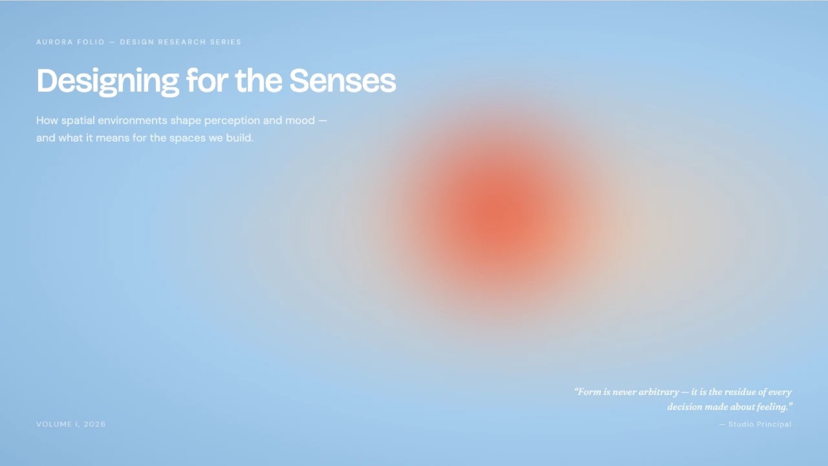 Cover page of the Aurora Folio template in the Tosea AI library, a design research deck titled "Designing for the Senses" on a soft blue gradient background