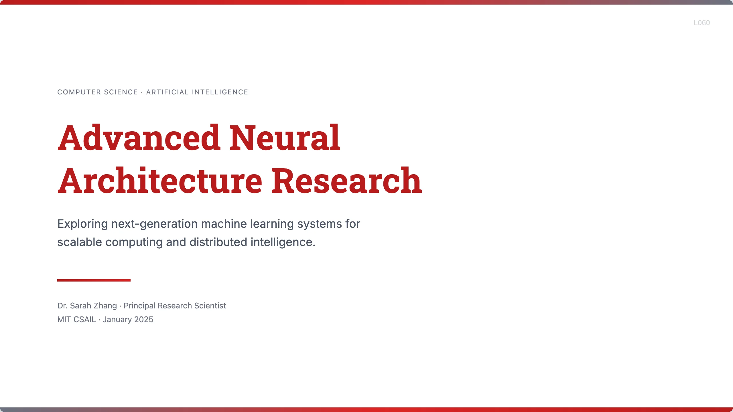 MIT Tech HTML template — title slide with the tagline 'Computer Science · Artificial Intelligence', the title 'Advanced Neural Architecture Research' set in a serif display face, and a subtitle in clean sans-serif on a white background with a red top accent bar