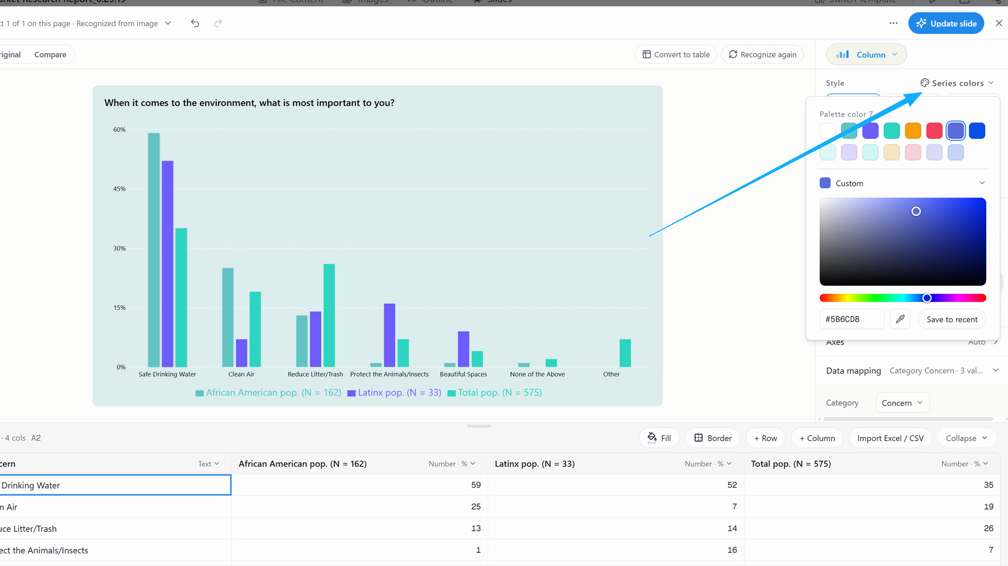 Tosea AI series color controls showing palette swatches and a custom hex picker for an editable column chart