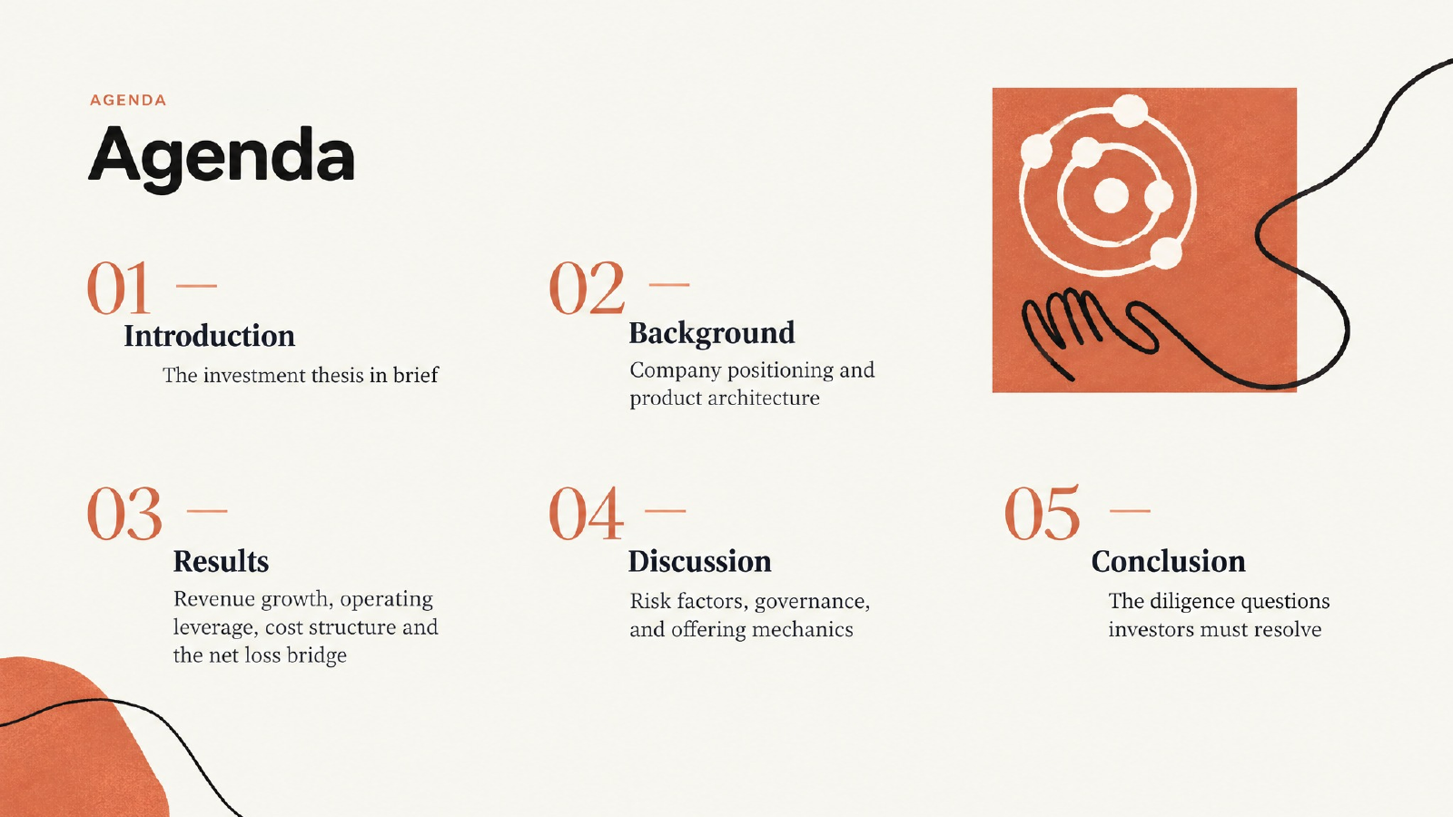 Agenda slide of the Anthropic S-1 investor presentation showing five chapters
