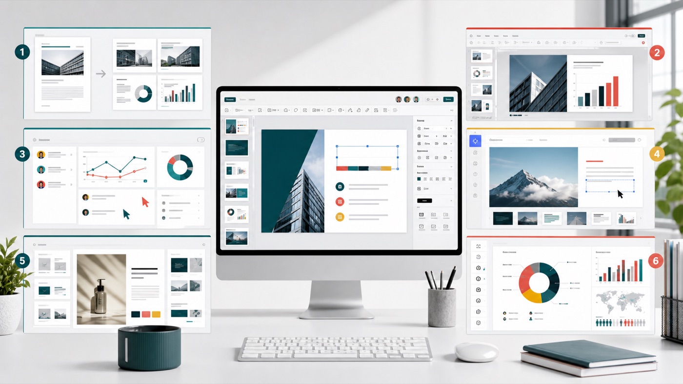 Six business presentation workflows represented in a comparison workspace, showing document-to-slide conversion, a PowerPoint editor, a collaborative deck, an AI card generator, a branded marketing layout, and a data dashboard