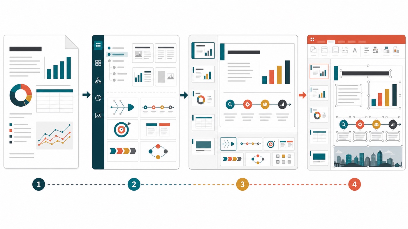 Workflow from a source document to outline layout selection, rendered slide editing, and editable PowerPoint output