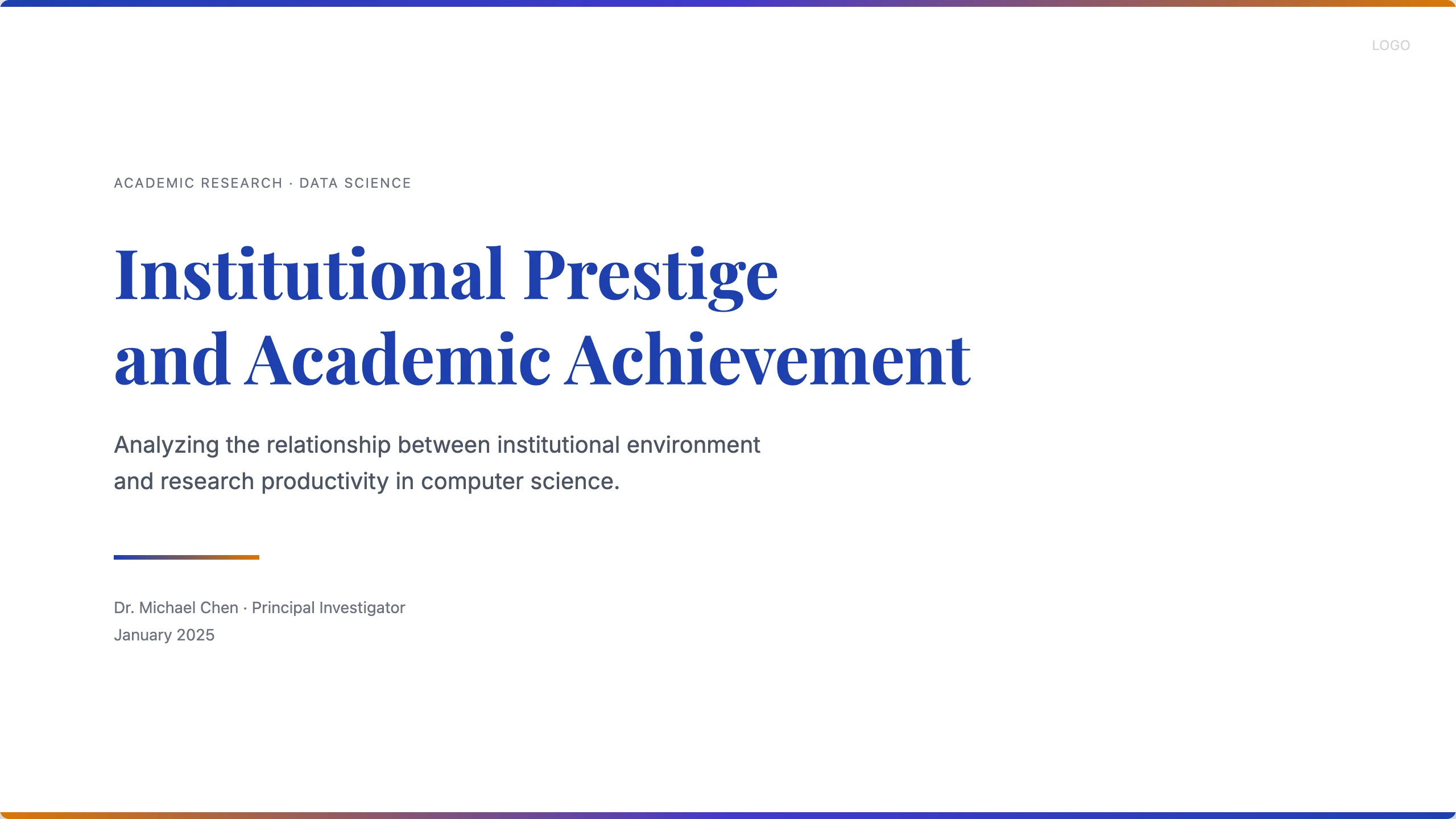 Academic Blue Amber HTML template title slide — a clean academic title-slide layout that fits biology and medical research presentations, with a serif title, kicker, byline, and a soft blue-amber gradient accent — the kind of restrained scholarly aesthetic that works for a journal-style talk