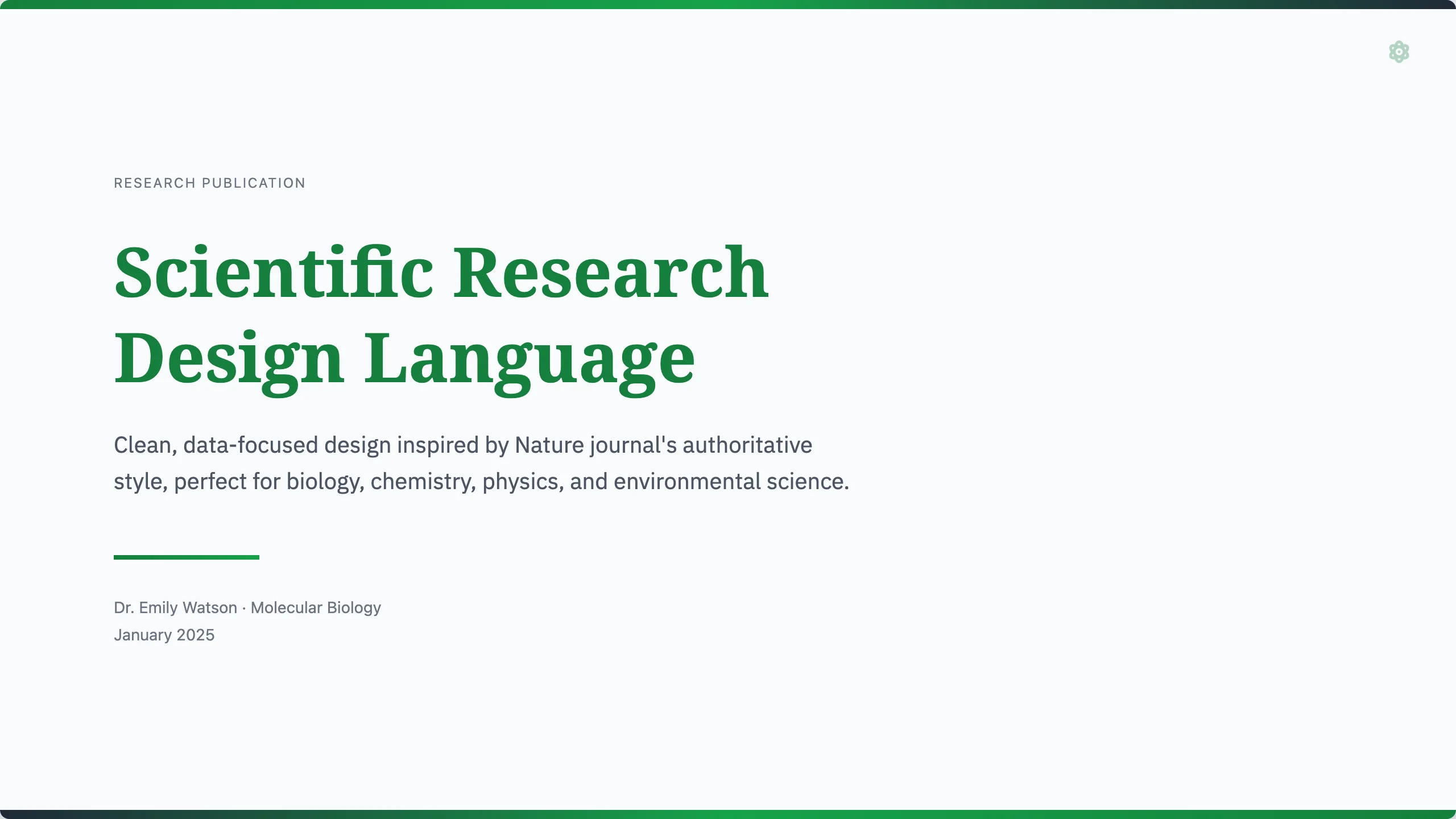 Nature Science HTML template title slide — 'Scientific Research Design Language' set in green serif on a clean white background with a 'RESEARCH PUBLICATION' kicker, an atom icon top-right, and a Molecular Biology byline — an example of a Nature-journal-style template suitable for biology and medical presentations
