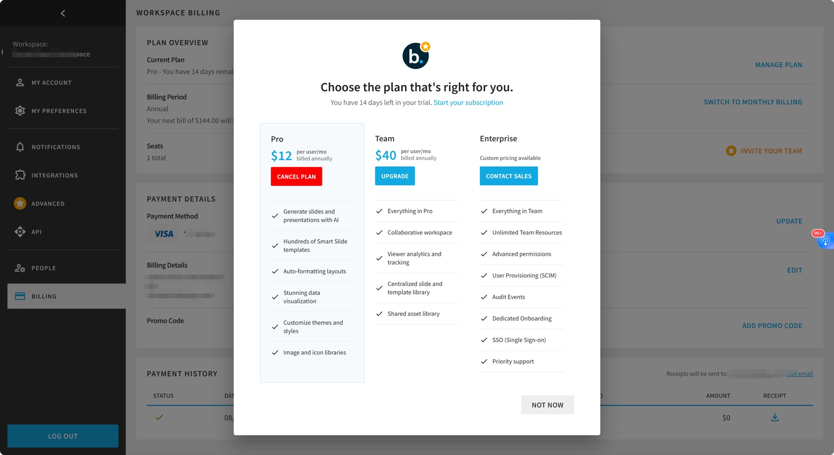 Beautiful.ai Pro, Team, and Enterprise pricing