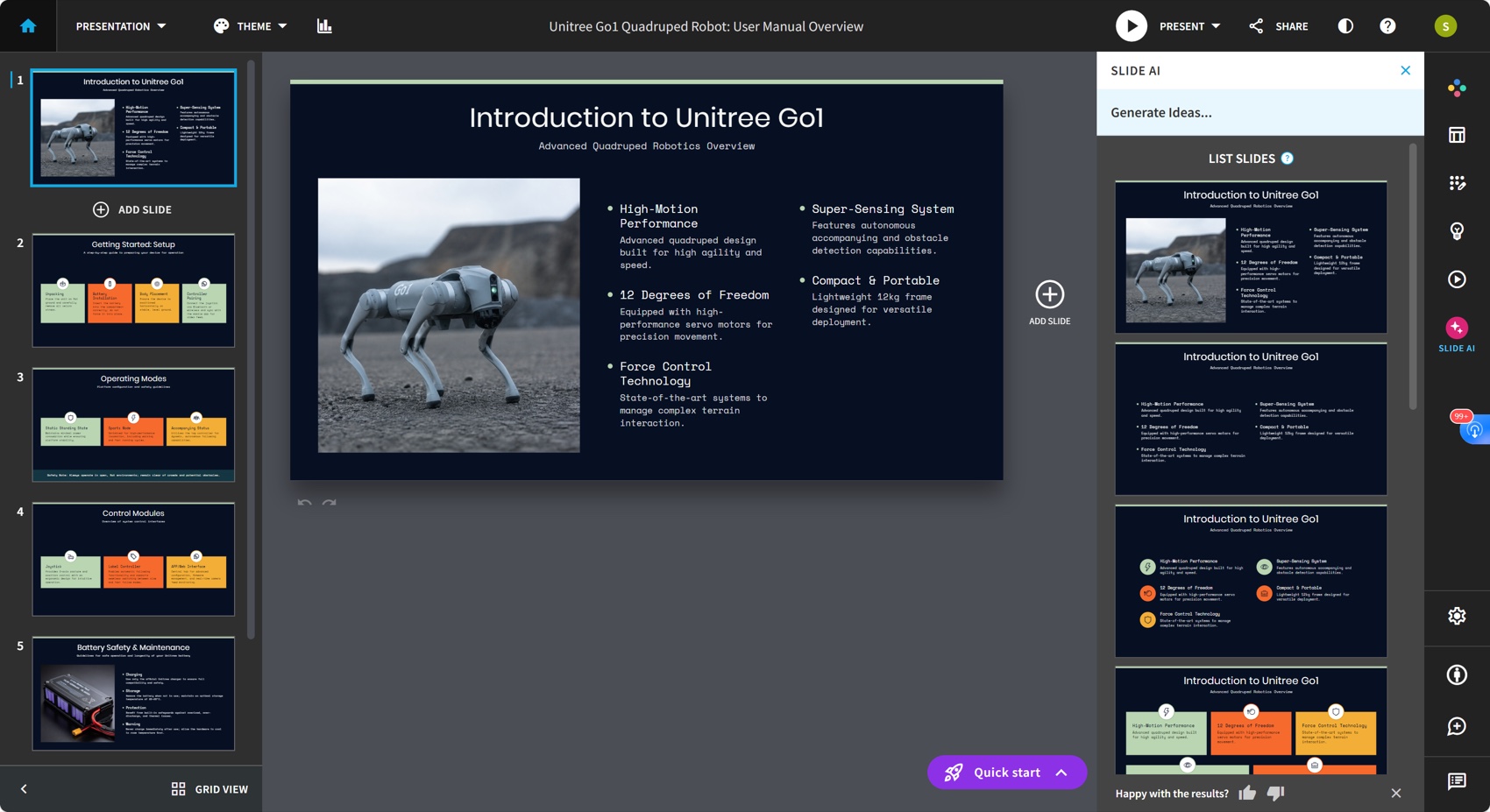 Beautiful.ai interface showing several AI design alternatives for one slide