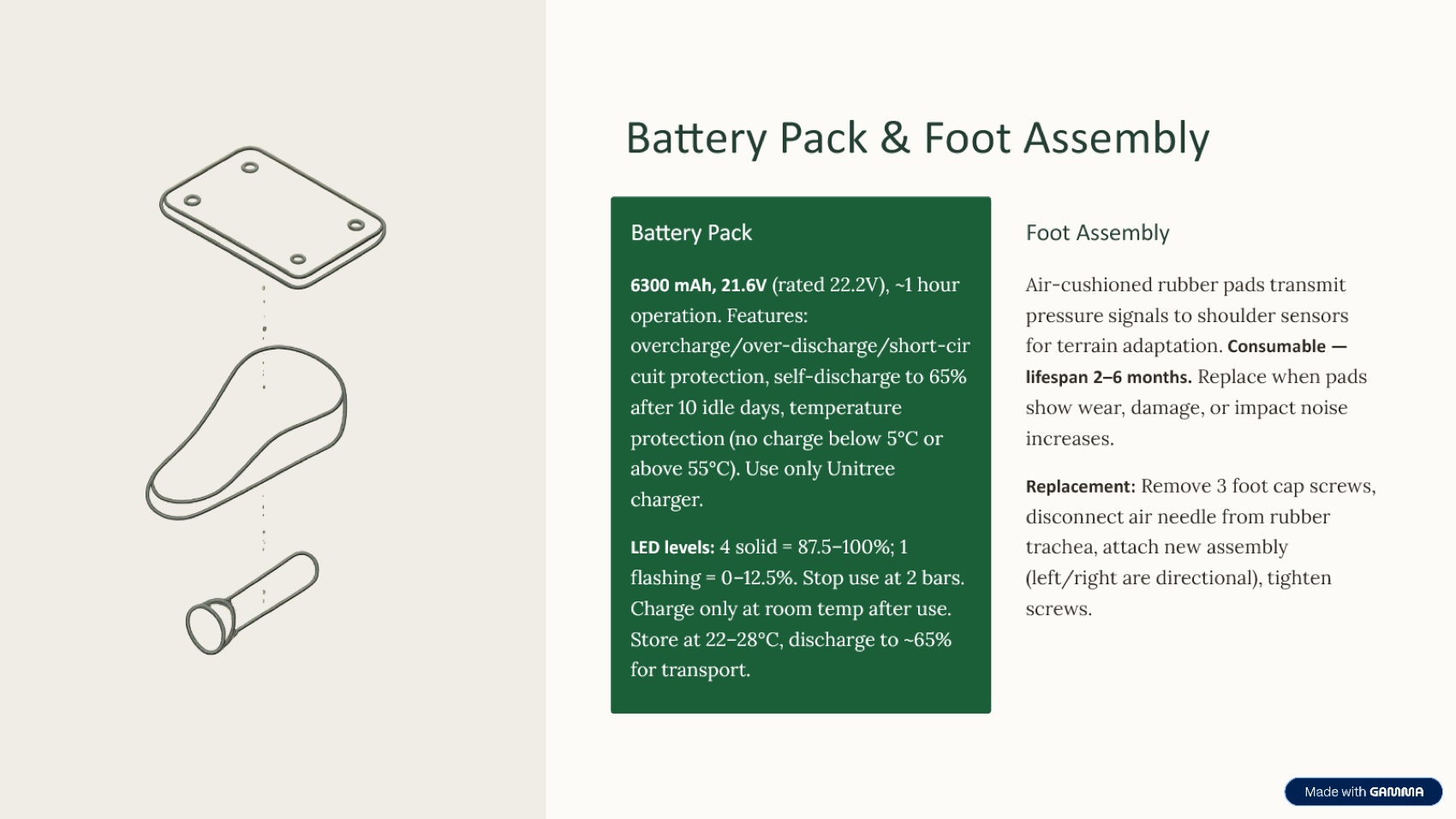 Representative Gamma slide summarizing the battery and foot assembly