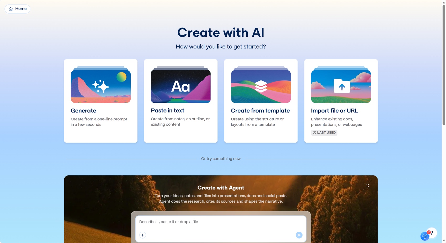 Gamma app homepage showing its AI creation workflows