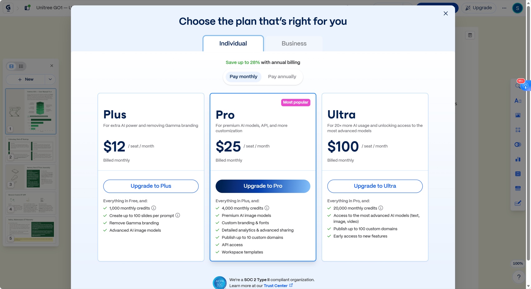 Gamma monthly pricing with Plus, Pro, and Ultra credit allowances