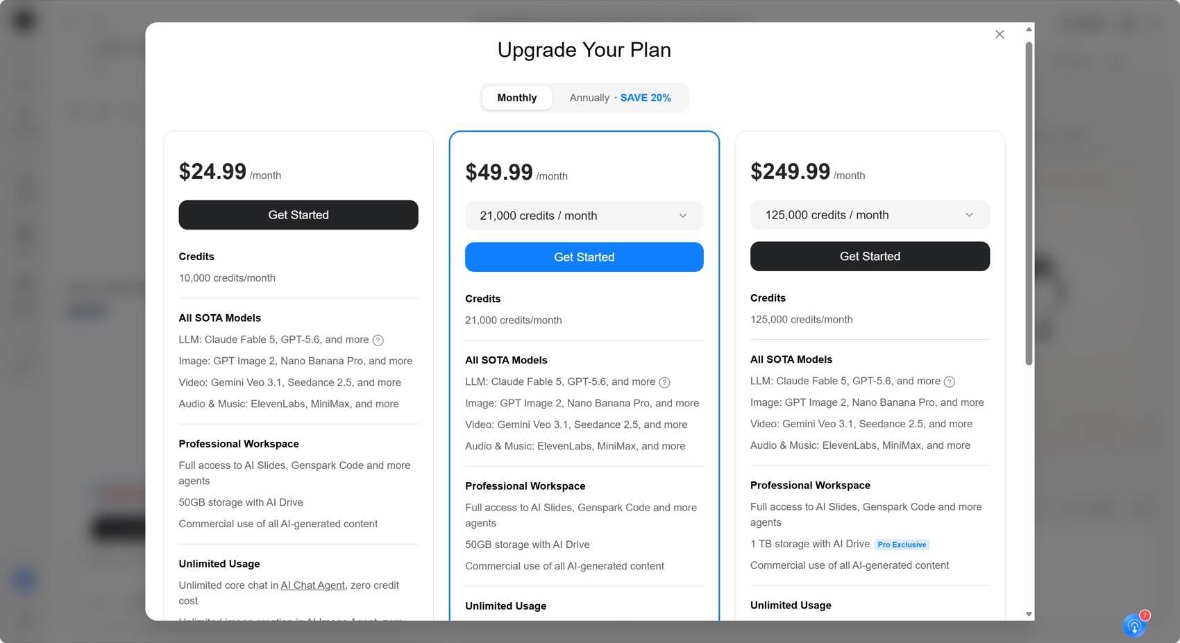 Genspark pricing captured for this comparison