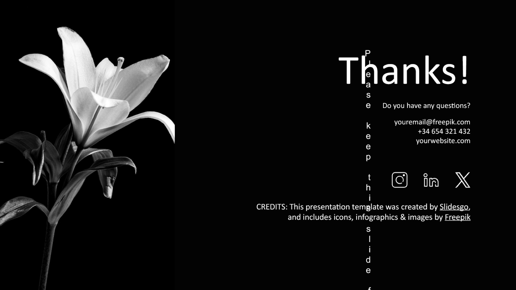 Slidesgo closing page with placeholder contact details