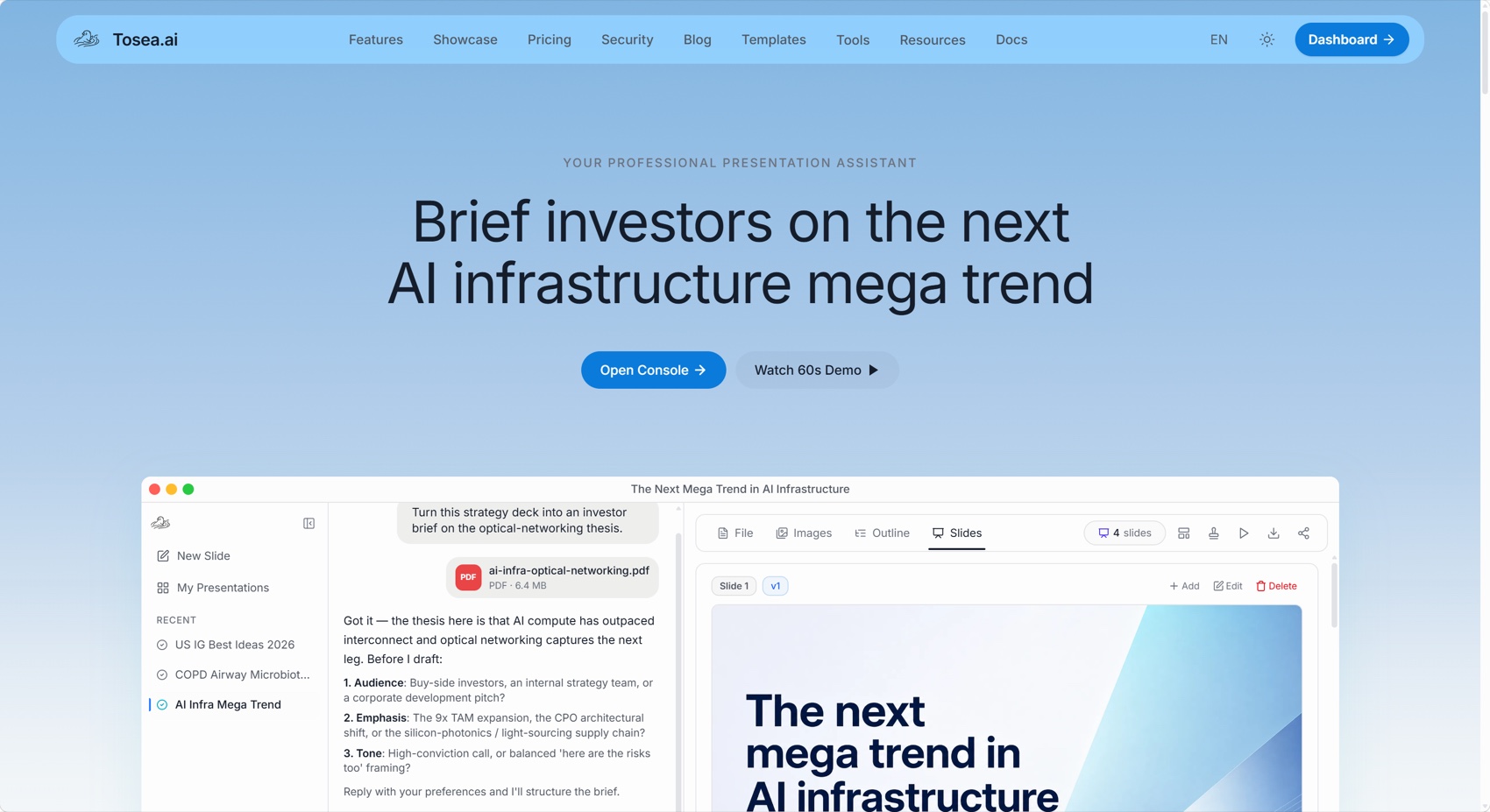 Tosea AI homepage and research presentation workflow
