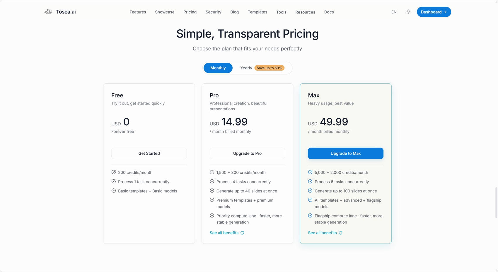 Tosea AI Free, Pro, and Max monthly pricing