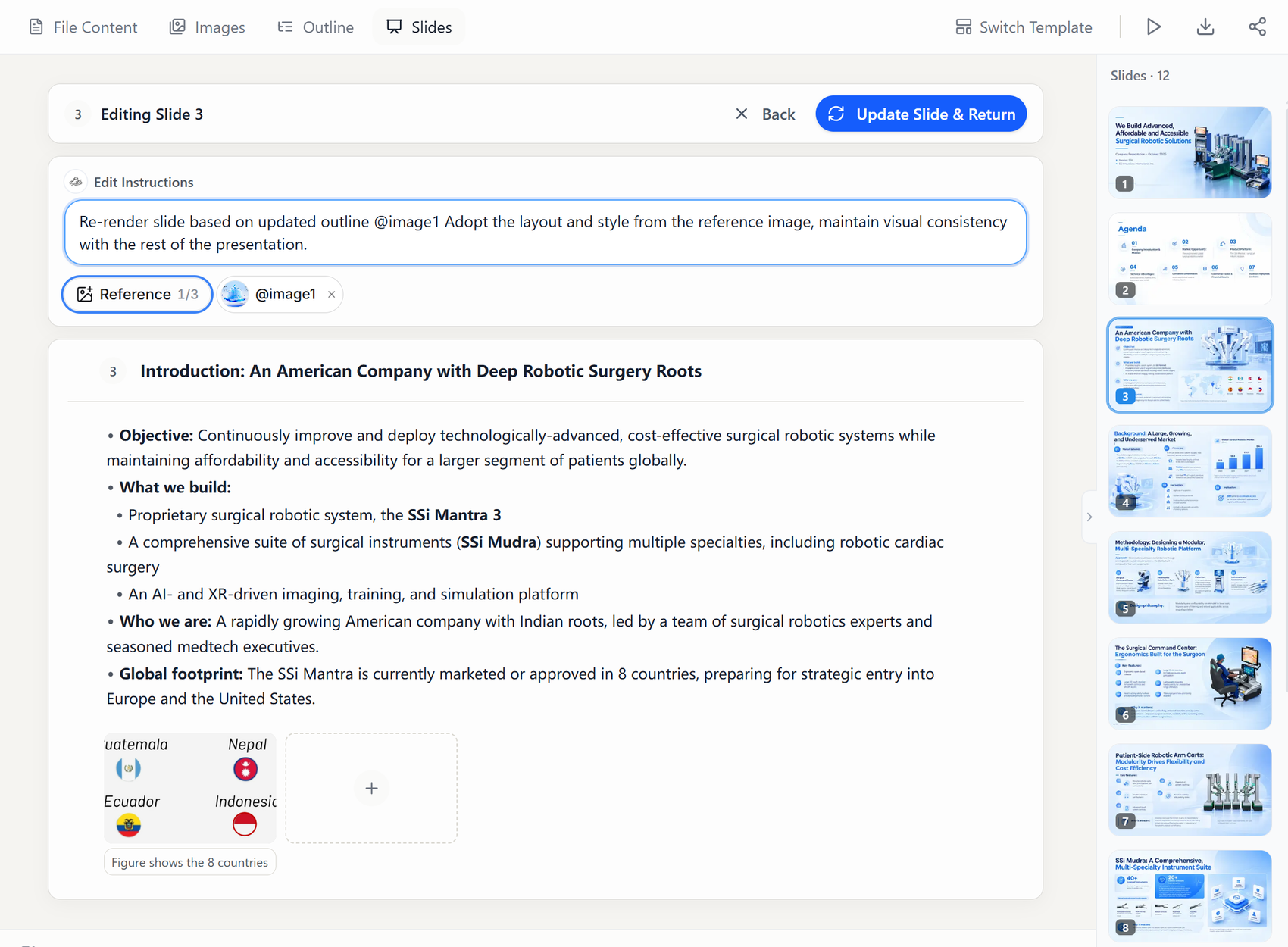 Tosea editor with a page-specific edit instruction that refers to the reference image as @image1