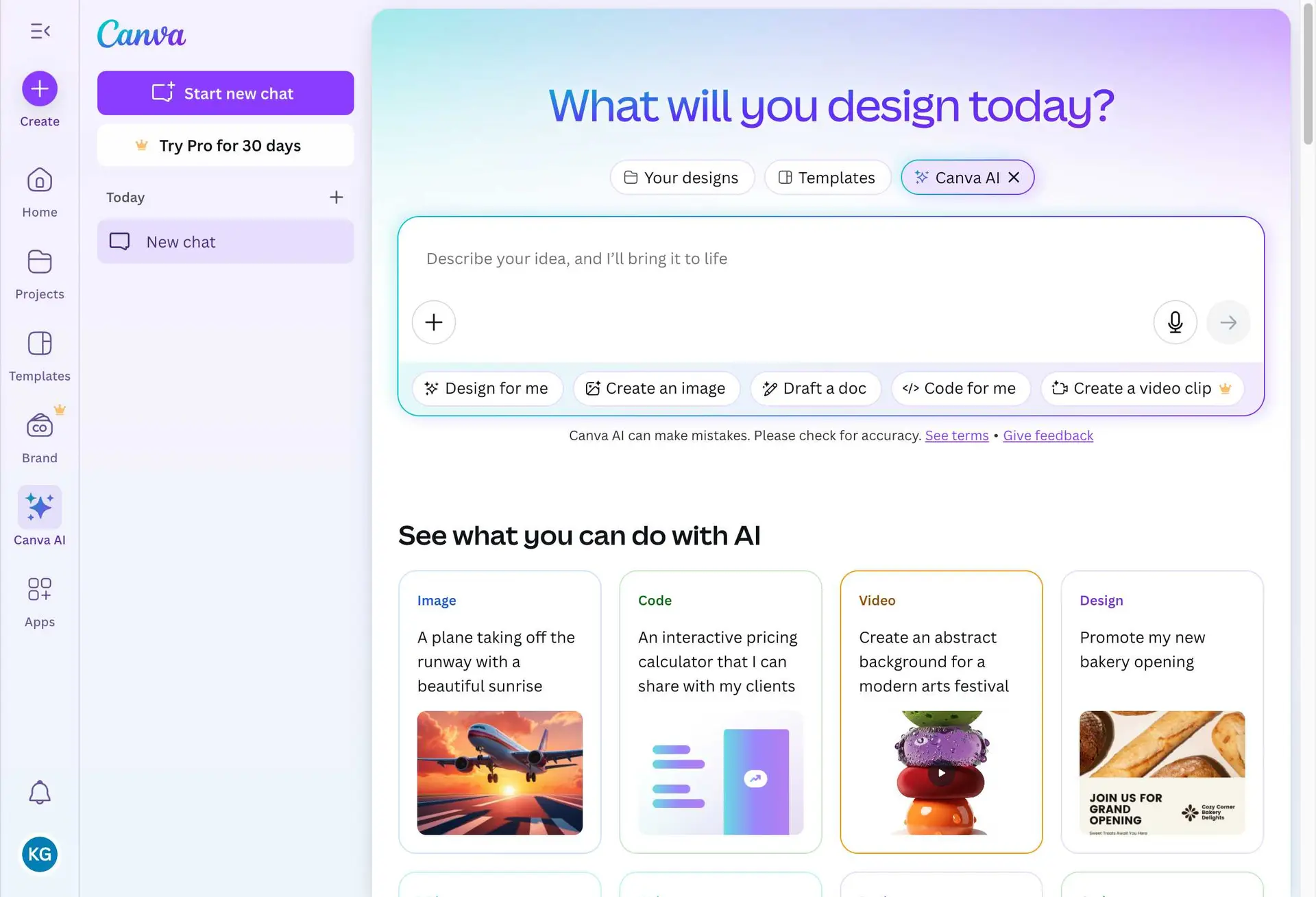Canva AI homepage