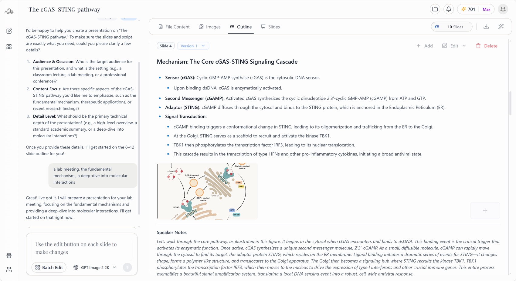 The generated outline with slide titles, body content, a selected source figure, and speaker notes