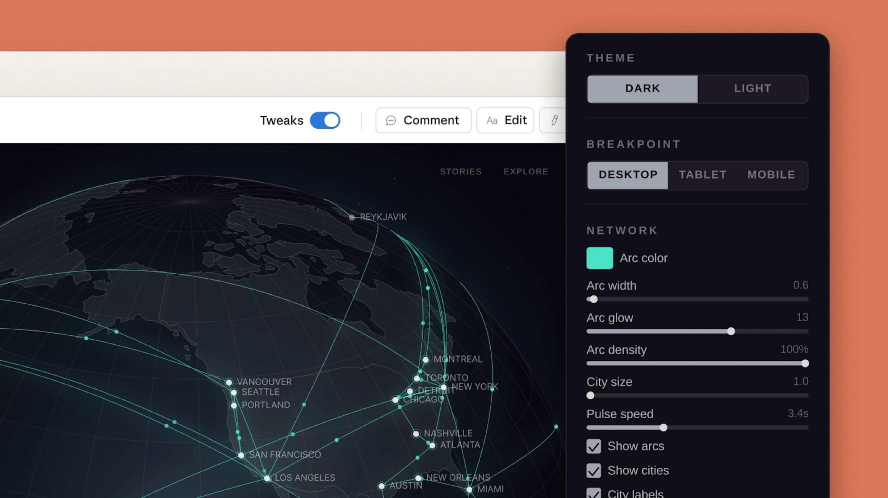 Claude Design interface showing the Tweaks panel with theme, breakpoint, and network controls over an interactive globe prototype
