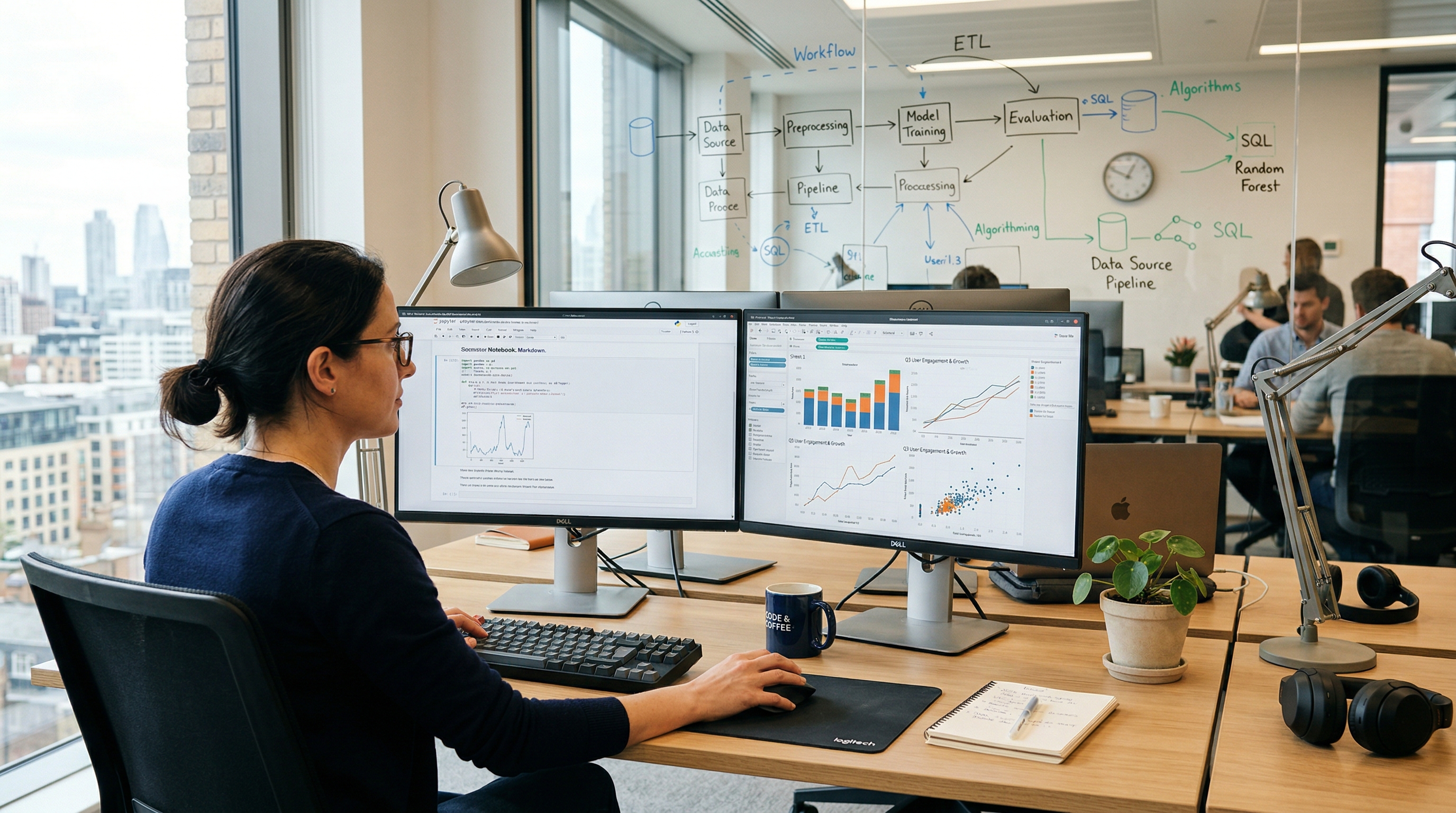 A data science workspace with dashboards and workflow diagrams