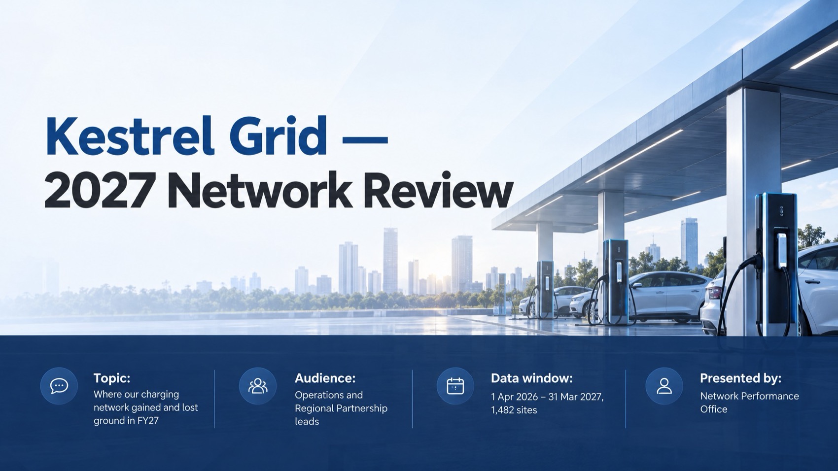 A 16:9 title slide for a fictional company generated by gpt-image-2.5-sunburst, showing an EV charging canopy at dusk, a serif headline, and four labelled metadata blocks along the bottom bar