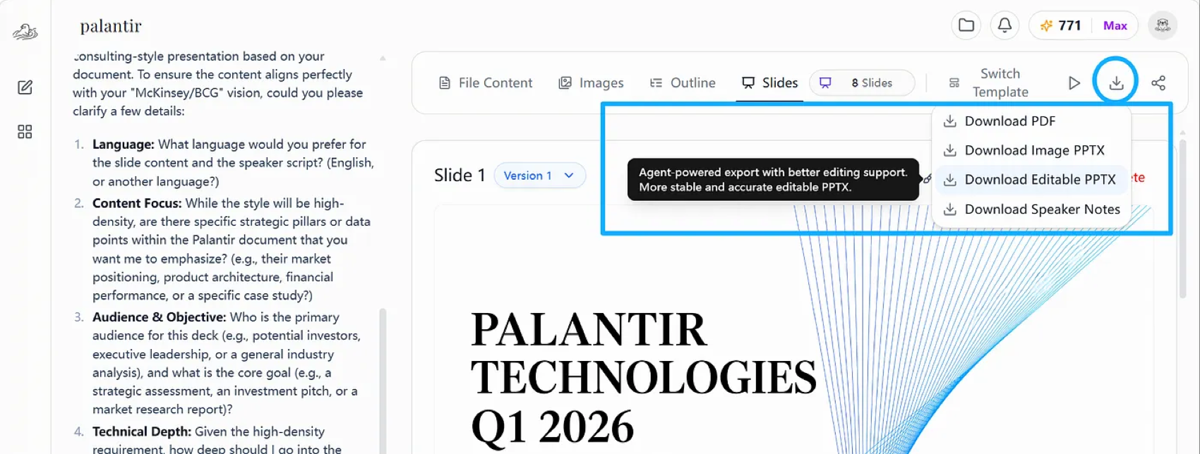 Tosea AI export menu with the Download Editable PPTX option highlighted, described as agent-powered export with better editing support