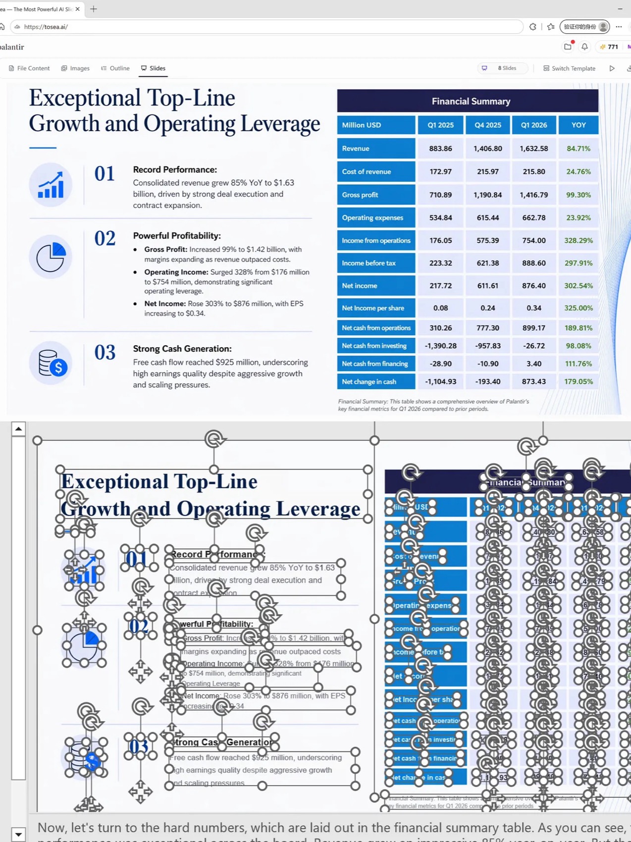 Tosea AI preview of a financial summary slide on top, with the same slide opened in PowerPoint below showing every text box, icon, and table cell selected as an editable object