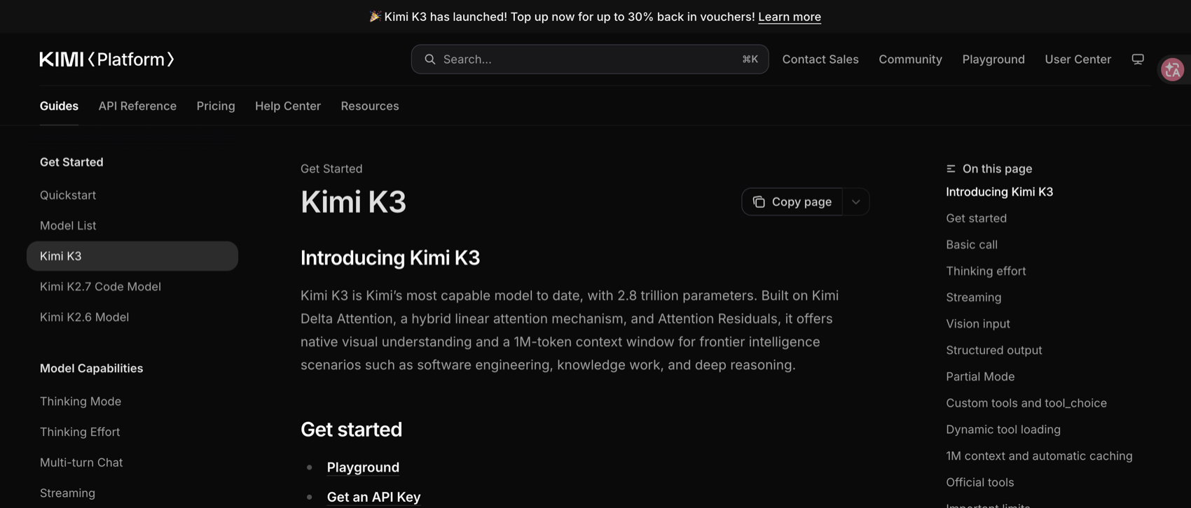 Moonshot AI API platform documentation showing the Kimi K3 launch banner and the Introducing Kimi K3 section describing 2.8 trillion parameters, Kimi Delta Attention, and a 1M-token context window