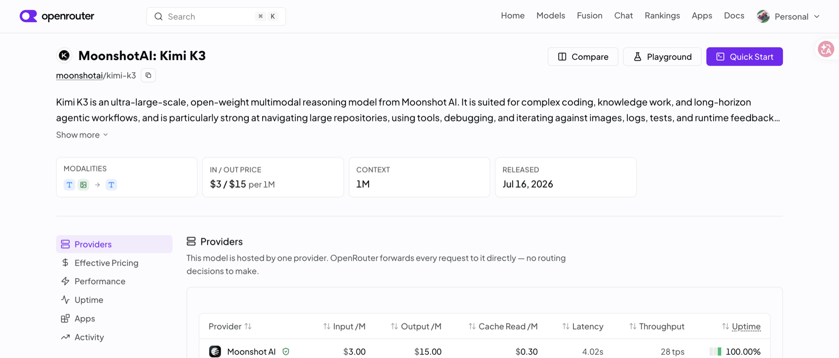 OpenRouter model page for MoonshotAI Kimi K3 showing 3 dollar input and 15 dollar output pricing per million tokens, 1M context, a July 16 2026 release date, and Moonshot AI as the single provider