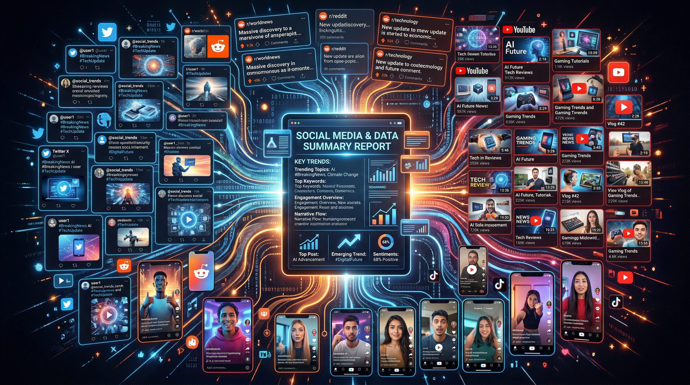 Social media feeds and data streams converging into an intelligence summary