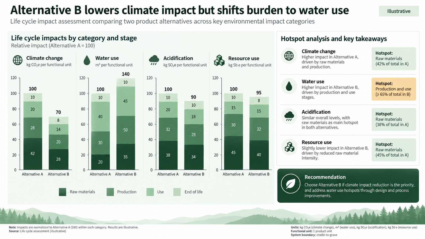 Life cycle impact assessment slide comparing two alternatives across climate change, water use, acidification, and resource use with stage-level stacked bars and hotspot callouts