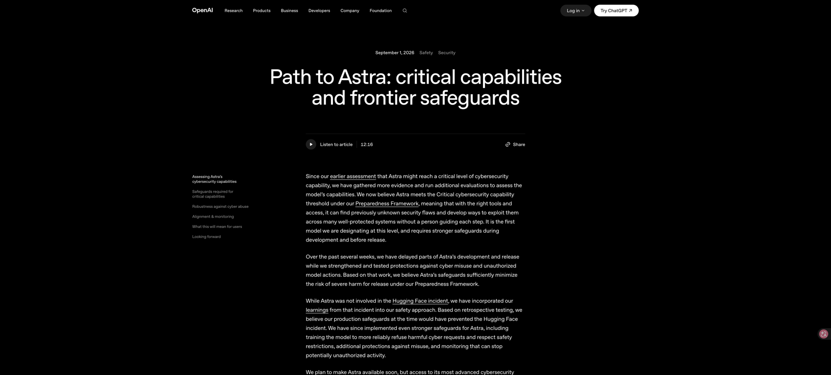 OpenAI's official Path to Astra post, published September 1, 2026, stating that Astra meets the Critical cybersecurity capability threshold under the Preparedness Framework and is the first model designated at that level