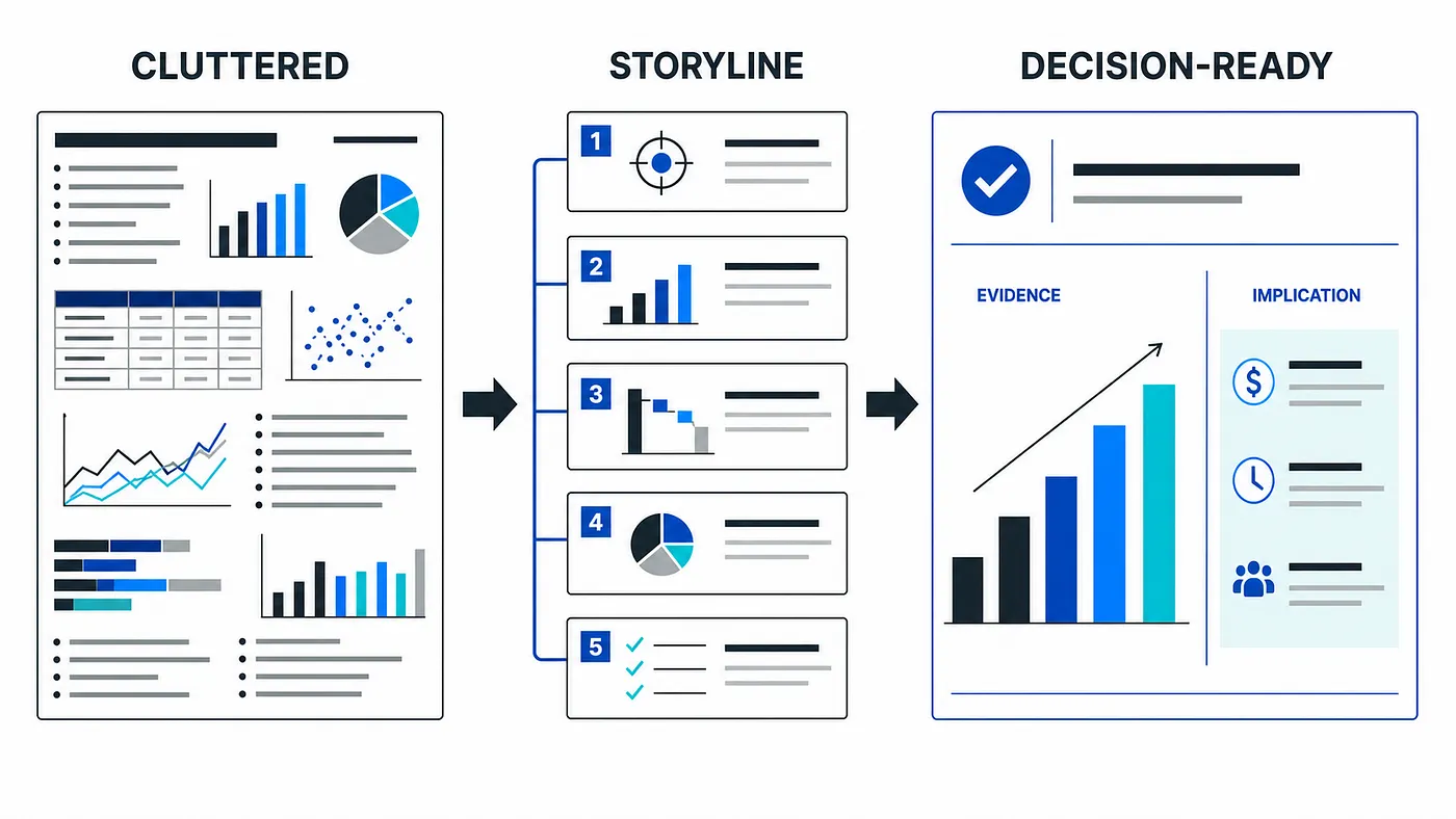 A visual workflow from cluttered evidence to storyline and a decision-ready slide