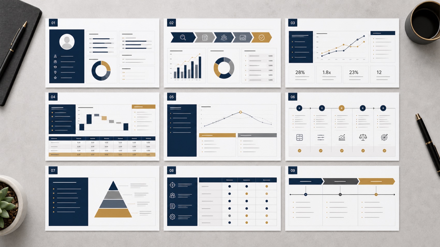 Nine-slide structure for a consulting and finance conversion presentation
