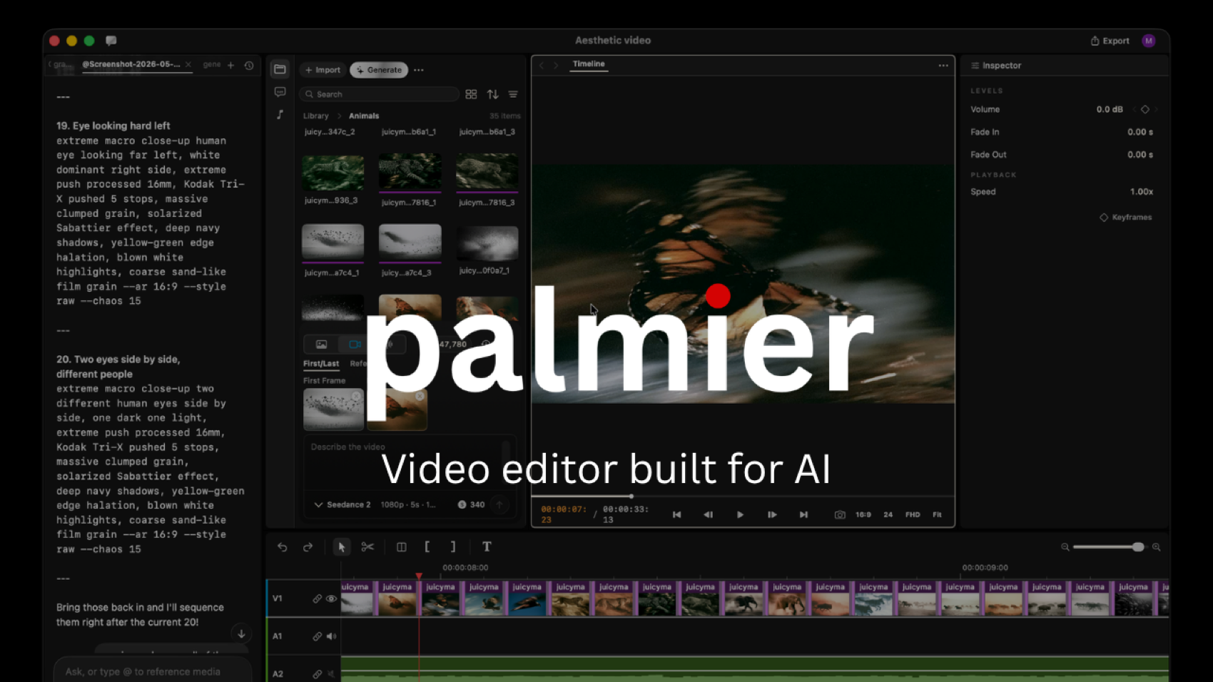Palmier Pro multi-track timeline editor showing the preview monitor, generative AI panel, and video and audio tracks