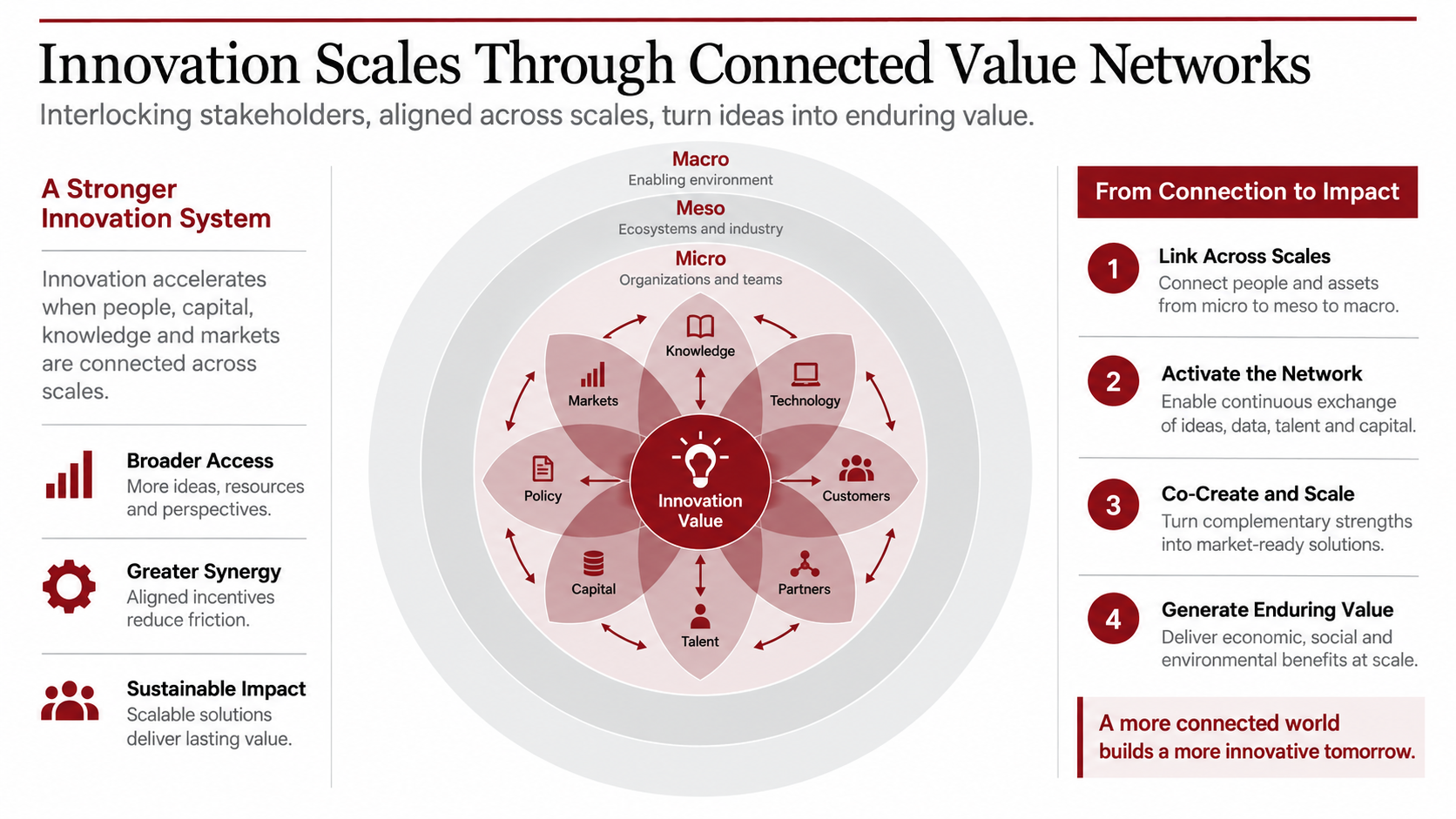 Consulting slide showing the Lotus Innovation model with micro, meso, and macro layers and eight overlapping value petals