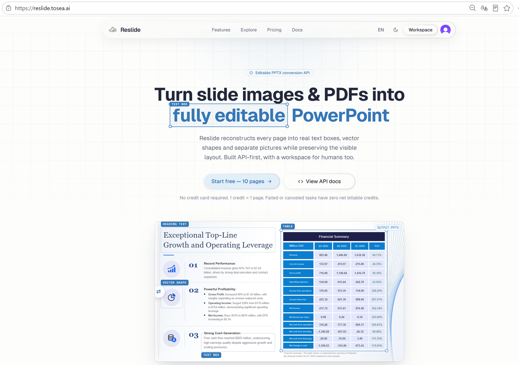 Reslide homepage showing the headline "Turn slide images and PDFs into fully editable PowerPoint" above a converted financial slide with labeled heading, text box, vector shape, and table elements