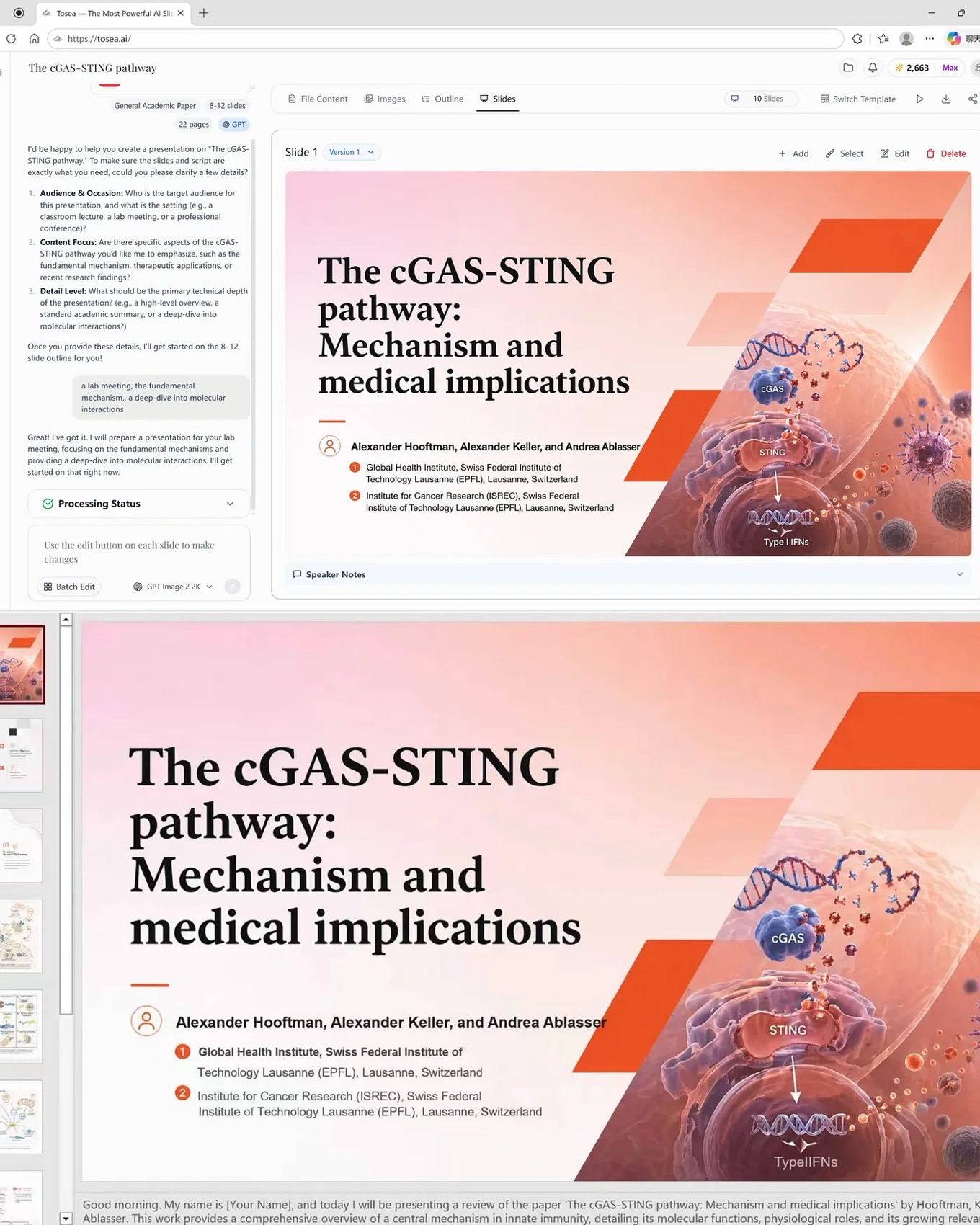 Tosea AI slide preview compared with the exported PowerPoint of a cGAS-STING research paper title slide, showing the export stays visually consistent with the preview