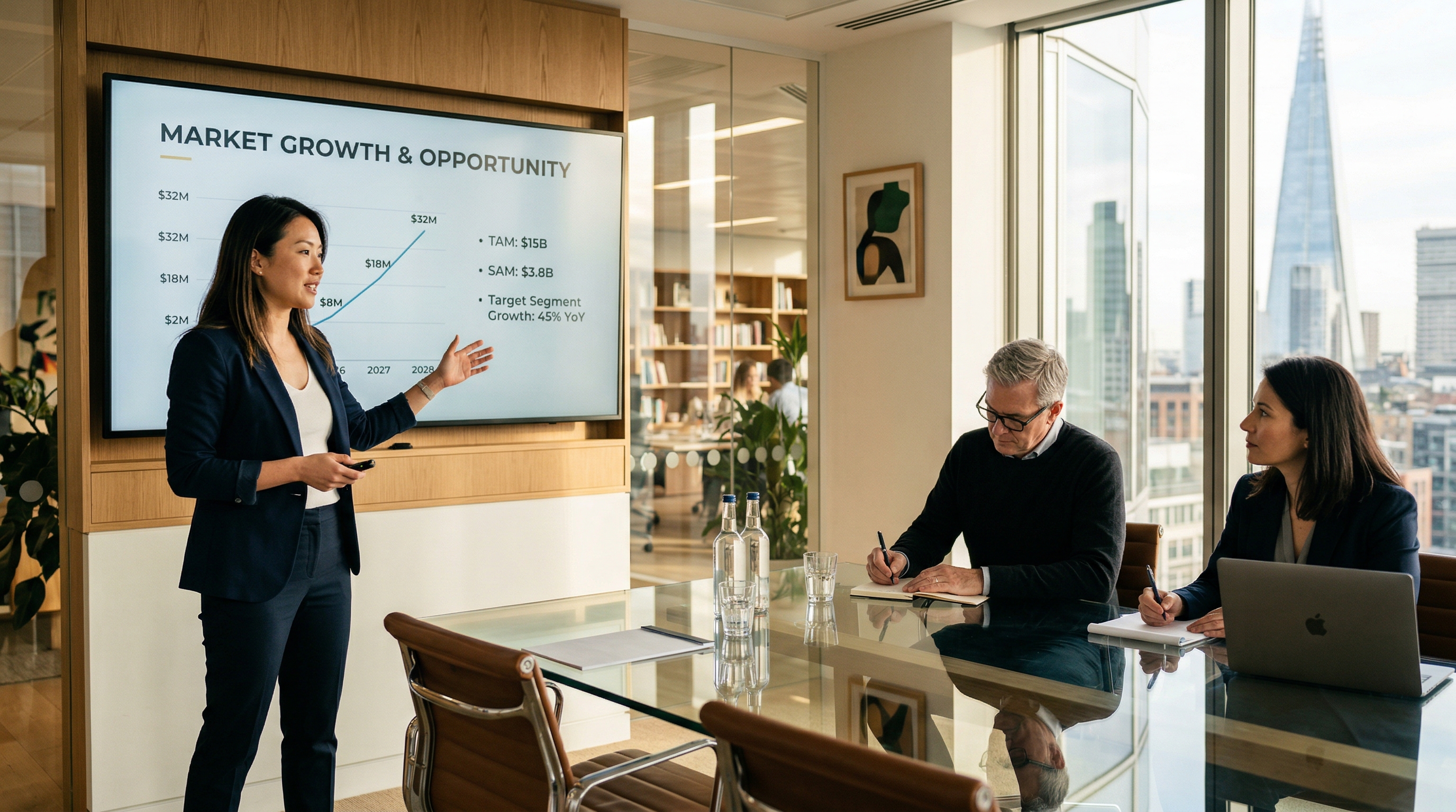 Founder presenting a pitch deck to investors in a modern VC office
