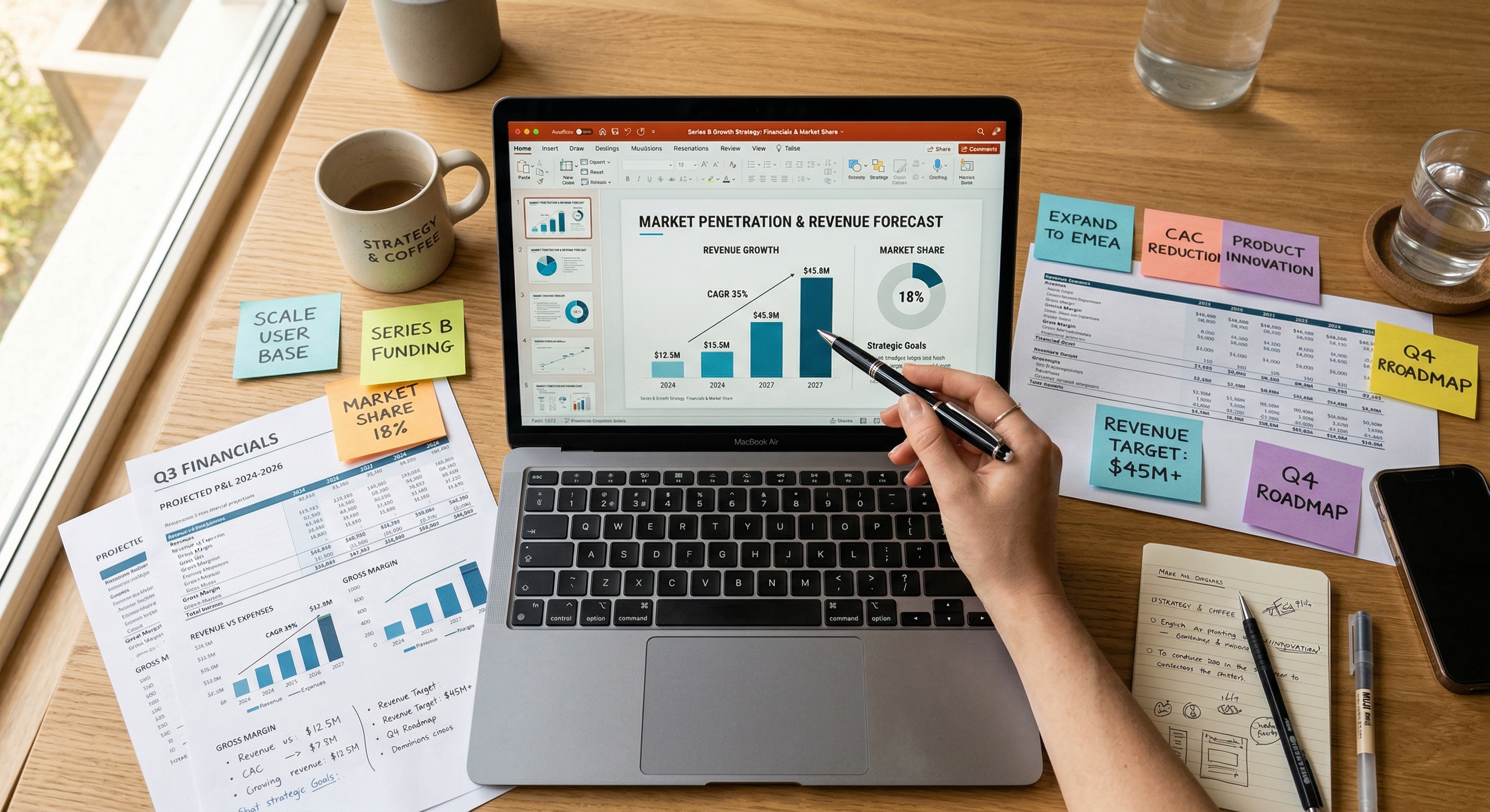 Pitch deck slide being edited on a laptop surrounded by financial projections and strategy notes