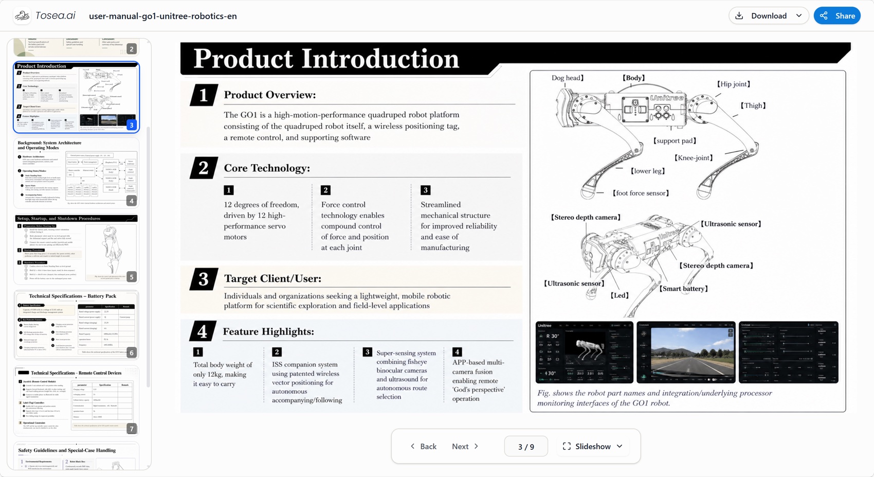 Tosea AI preview showing the Unitree GO1 product introduction slide