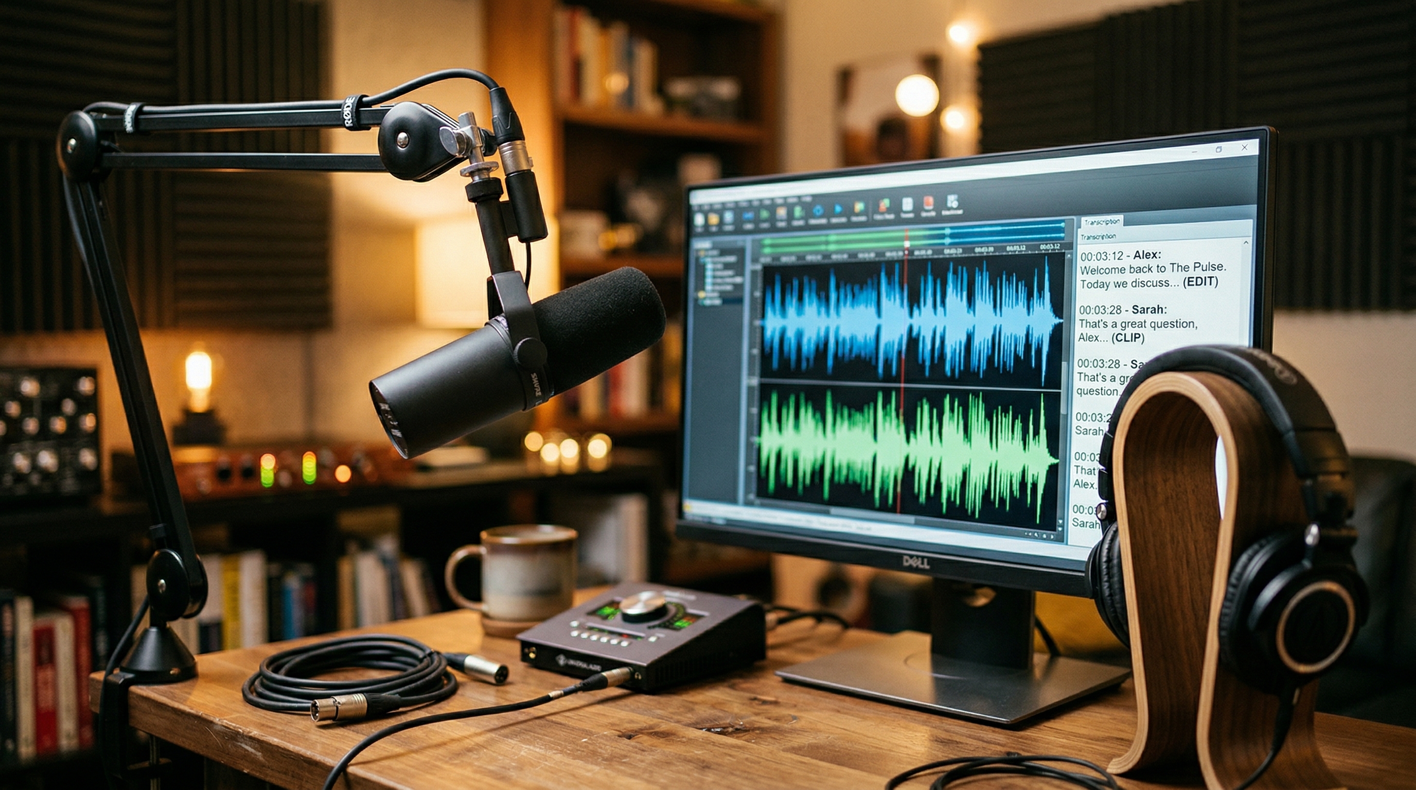Professional podcast setup with audio waveform and transcript annotations