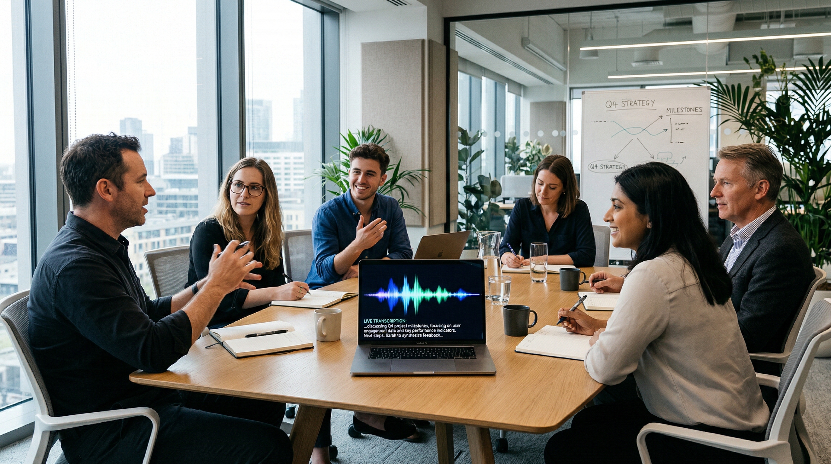 Team meeting with live audio transcription on a laptop screen