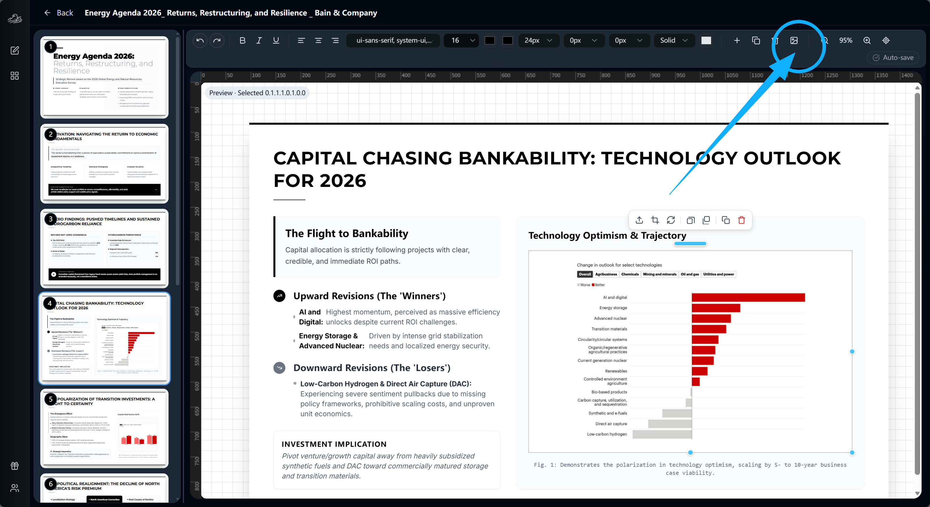 Tosea.ai outline-stage image insertion — the AI-generated slide content panel on the left shows the Bain Energy Agenda 2026 outline, with an inline figure being matched to the Technology Outlook slide before the HTML render is triggered