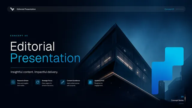 Dark Editorial Deck with Cyan Gradients and Grid Layouts