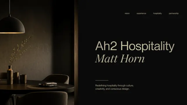 AH2 Hospitality Cinematic Dark Mode Pitch Deck